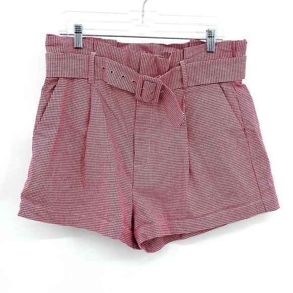 EGGIE Rochelle Red Houndstooth High Waist Paper Bag Belted Shorts Size Large - Picture 3 of 7